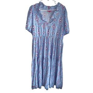 Simply Southern Womens Puff Sleeve Tiered Maxi Dress Sz L Blue Pink Aztec